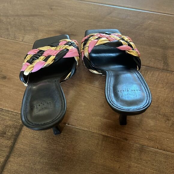 Marc Fisher Square-Toe Heeled Mules Open Toe Black Pink Gold Woven Leather NEW - Picture 4 of 7